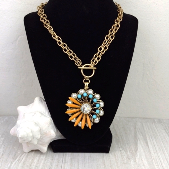 Cookie Lee Faux Pearl Turquoise & Coral Flower Pendant Choker Necklace - Picture 4 of 15